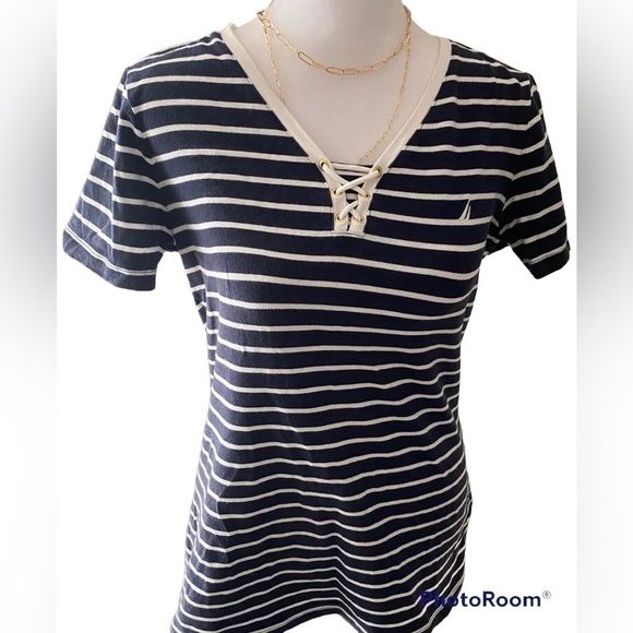 Nautica Blue and Navy Striped V-Neck Lace Up Top Women's Size M - Picture 1 of 5